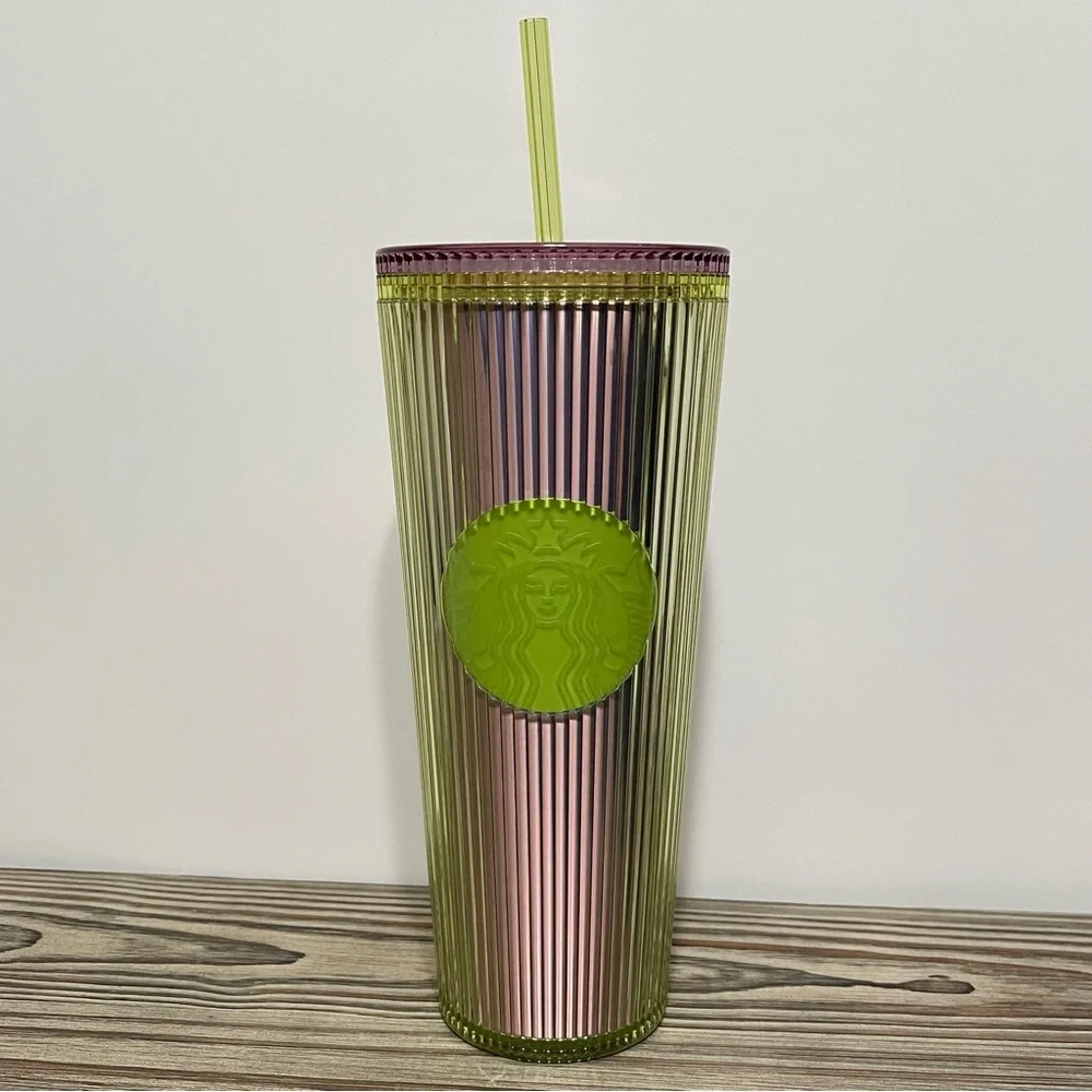 Starbucks Venti Tumbler Iridescent Green Siren Logo Cold Drinks with Straw NEW